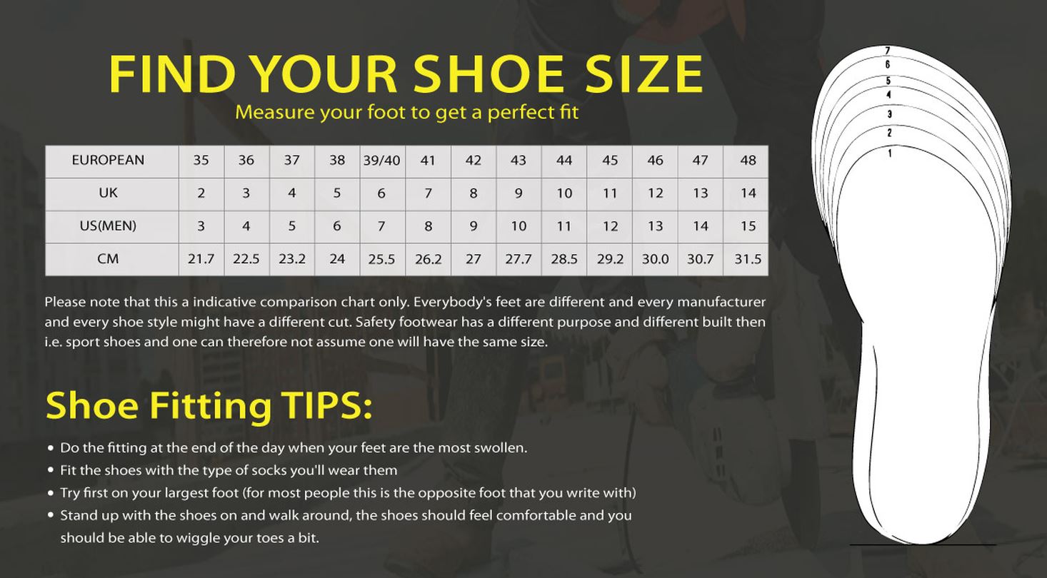 Safety shoes size store conversion chart